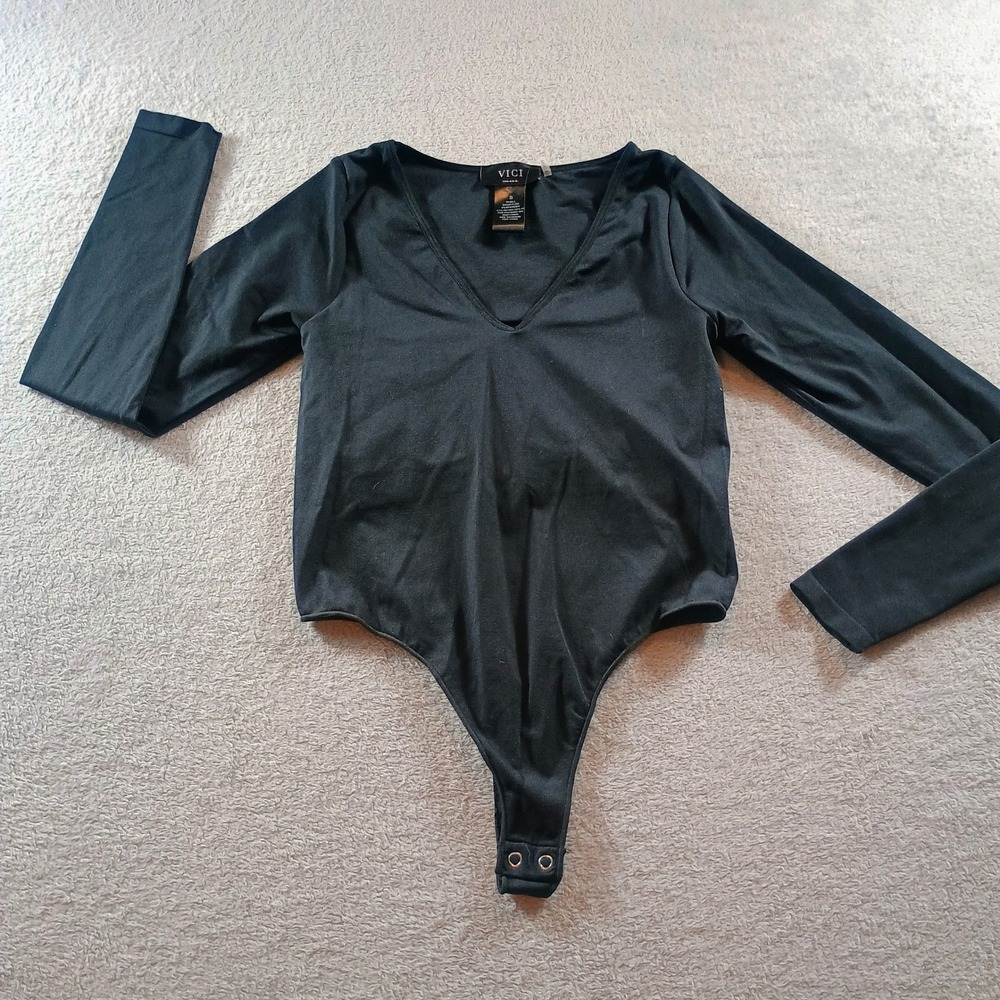 VICI Dolls Womens Bodysuit Black Small V-Neck Long Sleeve Thong Snap‎ Date Night